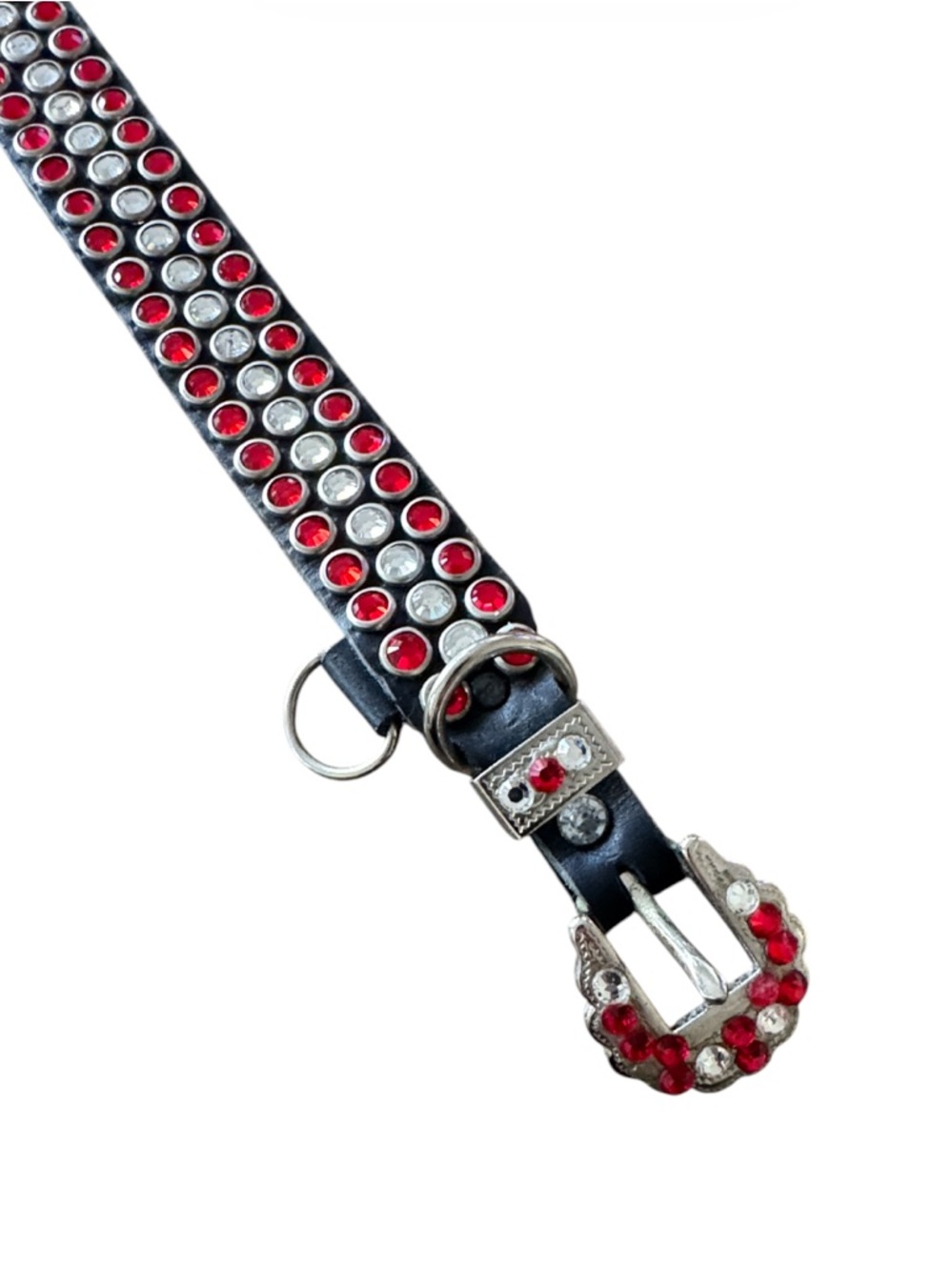 Handmade Western Rhinestone Leather Dog Collar Black Red Crystal Studded Size S - Picture 3 of 6